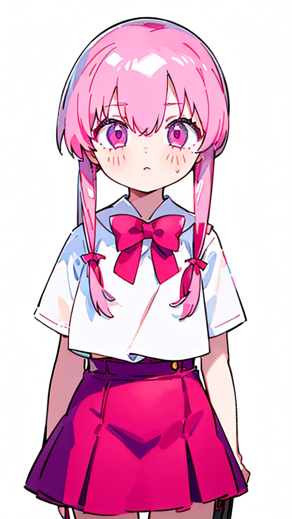 1girl,pink hair, pink eyes with love, detailed eyes, straight hair, straight bangs, shiny hair,
,red bowtie,purple skirt,purple shirt,pleated skirt,short sleeves,looking at viewer, high-definition,masterpiece,best quality, masterpiece, best quality, high resolution, aabeta, double, white simple background, standing, slim waist, cute, sailor uniform, super close up selfie, masterpiece