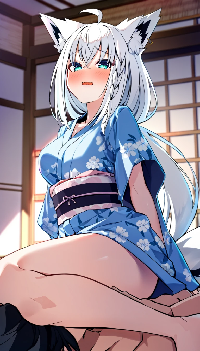 one girl, Shirakami Fubuki, fox ears, white hair, yukata, cute, beautiful, my girlfriend, girl on top sex, shy, in inn,