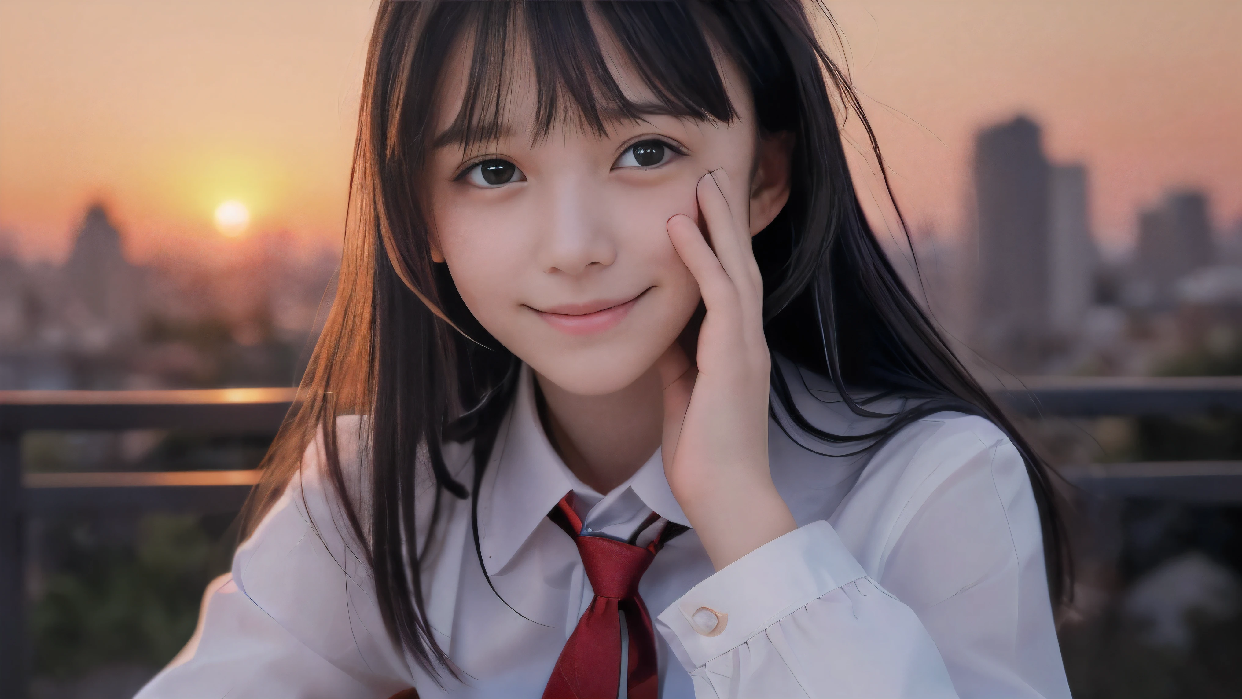 (Close up face shot of one slender small breasts two side up black medium hair bangs girl with crying little smile face in long sleeves black school uniform:1.5)、(One girl is facing at sunset red sky with her face is reflected sunset light and her hair is blowing in long sleeves black school uniform:1.5)、(Beautiful red sunset sky at skyscraper city landscape:1.5)、(8k ultra detailed master piece:1.5)、(perfect anatomy:1.5)、(Photorealistic stick:1.5)、(Raw photo:1.3)、(highest quality:1.5)、(High resolution:1.3)、(Delicate and beautiful perfect face:1.3)、(Delicate and beautiful eye air skin:1.3)、(Real Human Skin:1.3)、((thin legs))
