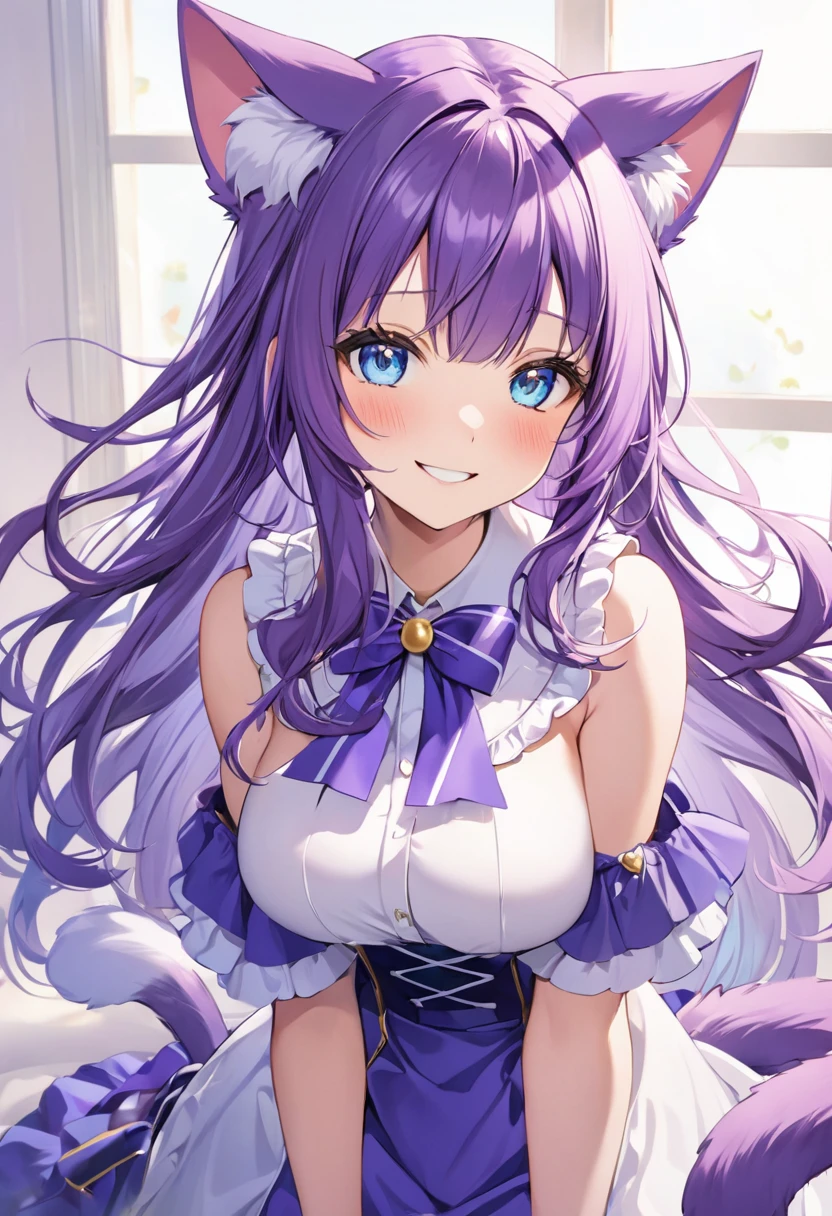 1girl, Blue eyes, Long Hair, Bangs, Purple Hair, Breasts, Smile, Blush, Light Smile, cat ears, purple cat tail