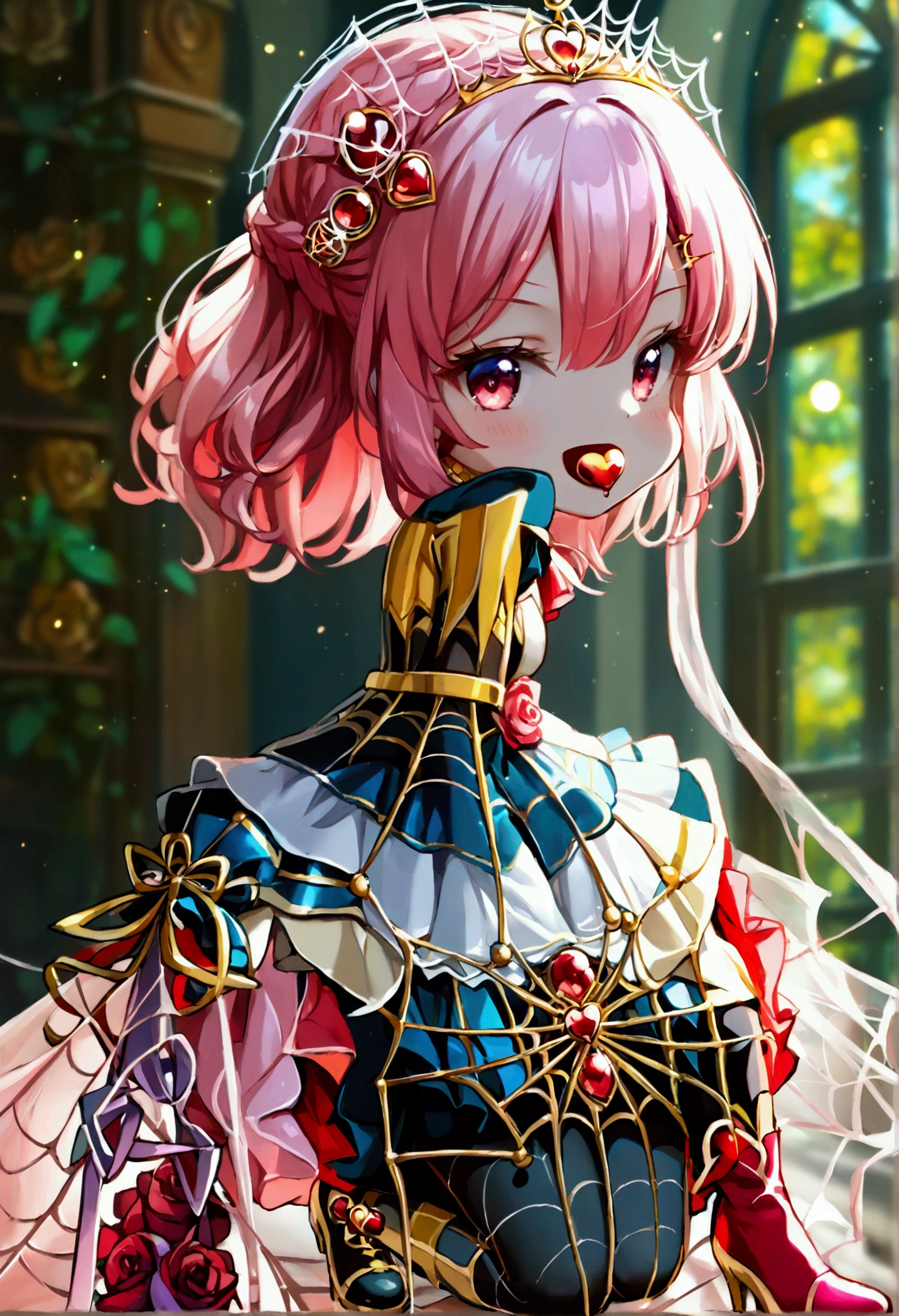 Create an anime-style girl with (((deep magenta eyes and long, wavy pink hair))) ((styled in an elegant frenchbraid)). (((She is slender, and with small breasts))). ((Ensure a full-body shot of her)) wearing a (((magical girl-themed outfit.))) ((The outfit features a fitted bodice with a sweetheart neckline, gold embroidery, and pastel pink accents. The bodice has delicate rose gold spider web patterns. She wears a multi-layered knee-length skirt with a high-low hemline, the outermost layer sheer with gold and rose gold spider web patterns. She has off-the-shoulder puff sleeves, arm-length pastel pink gloves with gold trim, and a gold choker with a red gemstone. The outfit includes a short, detachable sheer cape with rose gold spider web patterns and is fastened with gold brooches. She wears pastel pink ankle boots with gold heels and rose gold laces. Accessories include a gold tiara with a red gemstone and gold spider-shaped hairpins.)) The overall look is regal and ethereal, with magical glowing effects. cutesexy, purinpuon pixiv, no future, a hyperrealistic , hyperrealistic , realistic , seductive (anime girl), smooth anime cg art, beautiful alluring anime , (purinpuon pixiv), ((magical girl)), (masterpiece), best quality, expressive eyes, perfect face ((Highest quality))、((8K))、(((8k wallpaper))) ((Full Body Shot: 1.5))、ultra detailed, masterpiece, best quality, solo ((purinpuon pixiv, no future)) (((purinpuon pixiv, no future)))