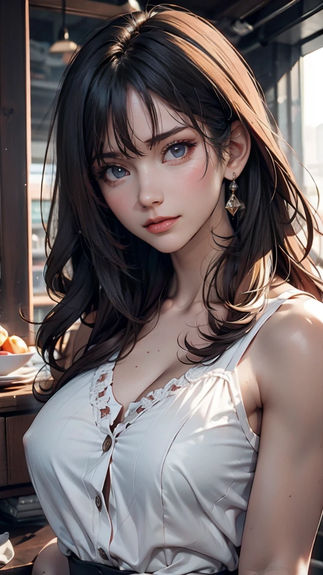 Highest quality, masterpiece, Black Hair, Red eyes, look up, Upper Body, cute, Frilled shirt, smile,Redhead、24-year-old female、Sexy proportions、Sexy breasts、Narrow waist、Long eyelashes