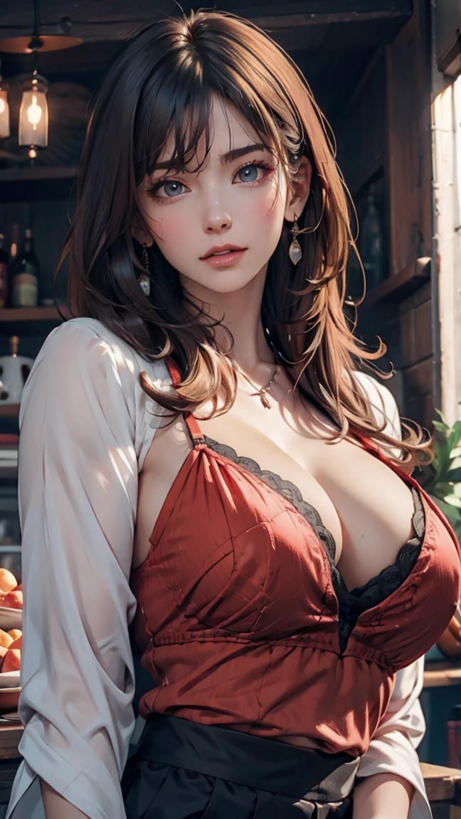 Highest quality, masterpiece, Black Hair, Red eyes, look up, Upper Body, cute, Frilled shirt, smile,Redhead、24-year-old female、Sexy proportions、Sexy breasts、Narrow waist、Long eyelashes