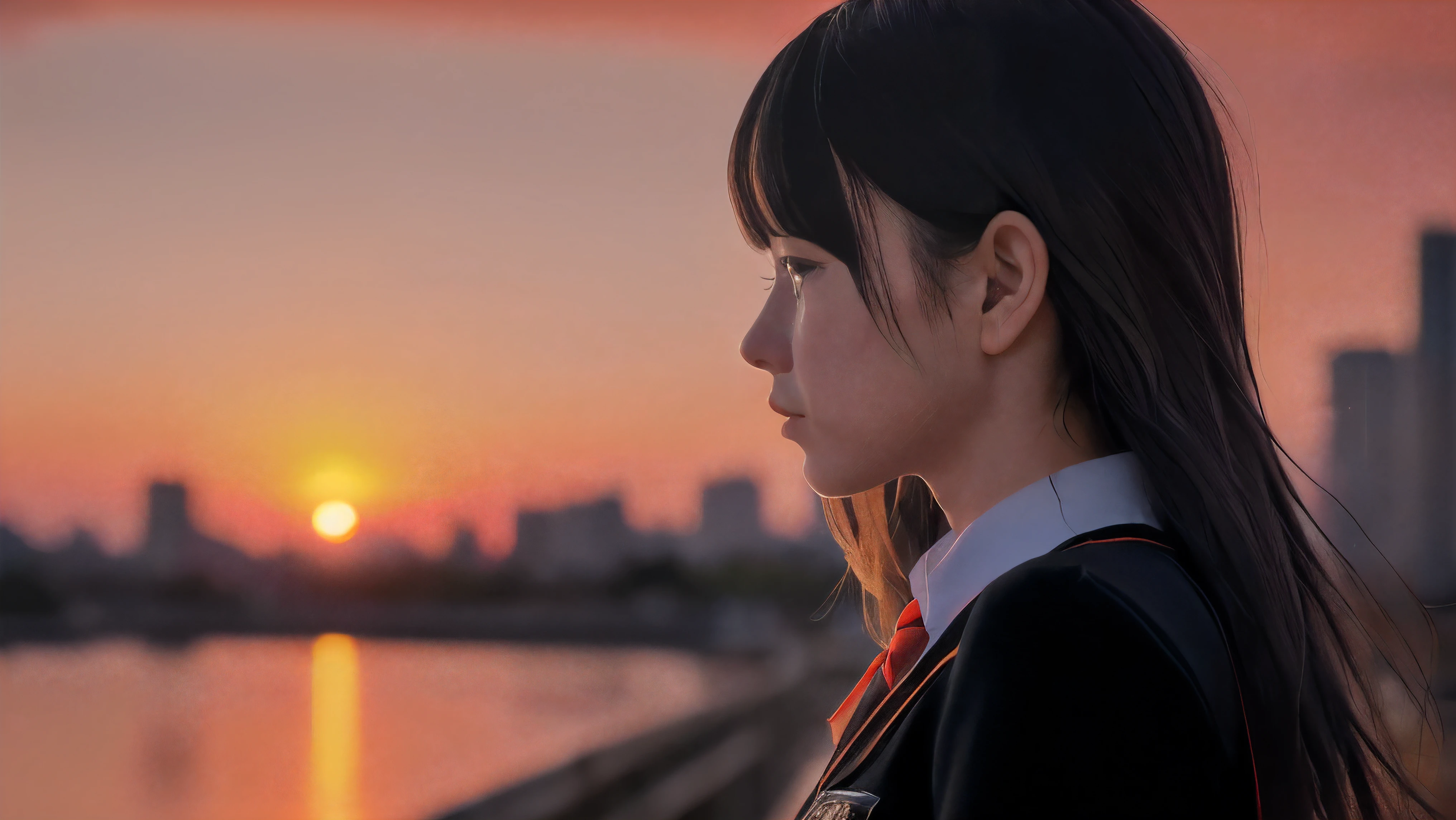 (Close up profile shot of one slender small breasts two side up black medium hair bangs girl with crying face in long sleeves black school uniform:1.5)、(One girl is looking at sunset red sky with her face is reflected sunset light and her hair is blowing in long sleeves black school uniform:1.5)、(Beautiful red sunset sky at skyscraper city landscape:1.5)、(8k ultra detailed master piece:1.5)、(perfect anatomy:1.5)、(Photorealistic stick:1.5)、(Raw photo:1.3)、(highest quality:1.5)、(High resolution:1.3)、(Delicate and beautiful perfect face:1.3)、(Delicate and beautiful eye air skin:1.3)、(Real Human Skin:1.3)、((thin legs))