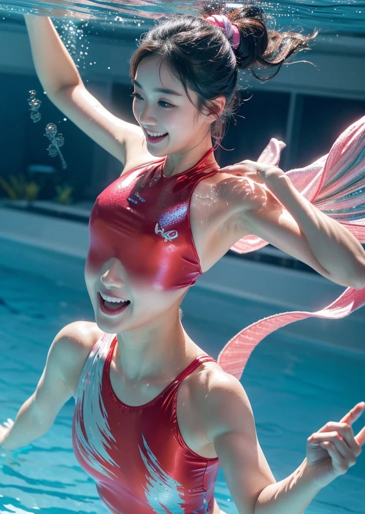 Diffuse lighting、 Highest quality, High resolution, unity 8k wallpaper、Supersaturation, Japanese、1 female、２３age、Synchronized swimming athletes、World Congress、Serious expression、Hair tied up、laugh、Underwater jump、Red and pink outfit、Pool、Dancing in the water、Sparkly costume、artistic swimming、
