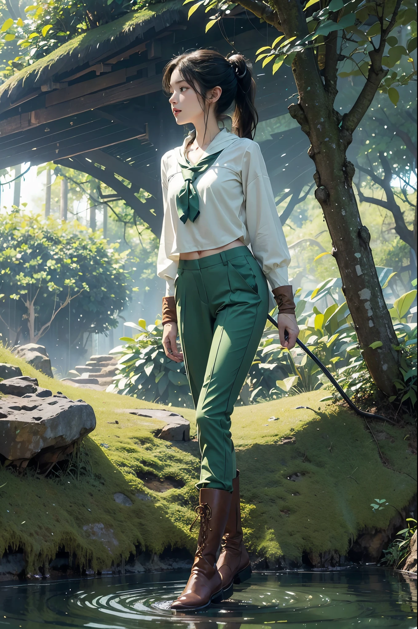 (((best quality))),(((ultra detailed))),(((masterpiece))),illustration, adventure,((a girl,solo)),((slim,thin)),((small breasts,flat chest)),sun-kissed skin,(short ponytail:1.2),(neckerchief:1.2),((vibrant green collared sleeved shirt,green pants)),(gloves:1.2),((slender legs,boots)),jungle, lush foliage, gentle breeze, ethereal, excitement, exploration, exotic flora and fauna, vibrant flowers, deep greens, delicate vines, ancient trees, enchanting canopy, sweet scent, nature, majestic waterfall, cascading water, crystal-clear pool, serene oasis, cool off, shimmering skin, laughter, deep connection, natural world, tranquility, wilderness, spirit soaring, birdsong, pure joy, enchantment,jungle, harmonizing, serenity, wonder, nature adventure