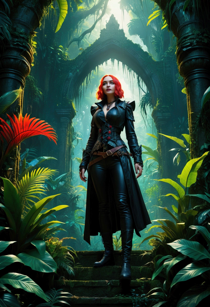 Jungle Adventure, full body, gothic aesthetic, cinematic still, (best quality, masterpiece), very aesthetic, perfect composition, intricate details, ultra-detailed, vivid colors