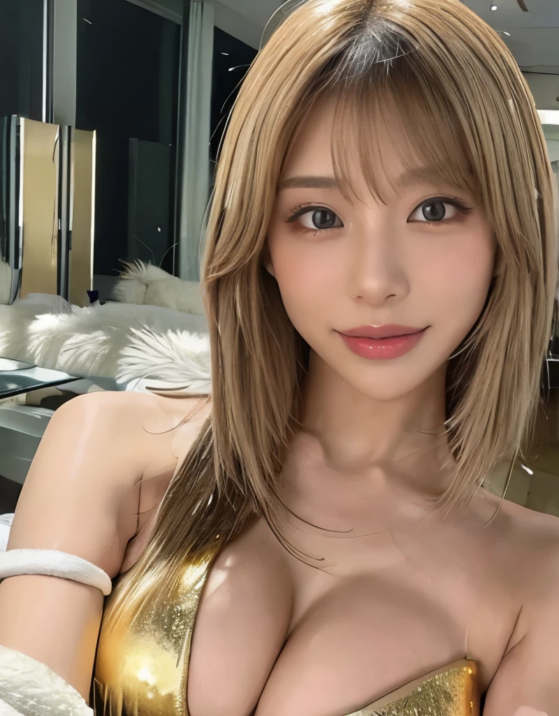 A room full of gold leaf、Beauty、Big Breasts、Blonde Long Hair、Skin with oil lotion、Sweaty skin、Photograph the whole body、golden shiny bikini、Sequins、Sparkling、