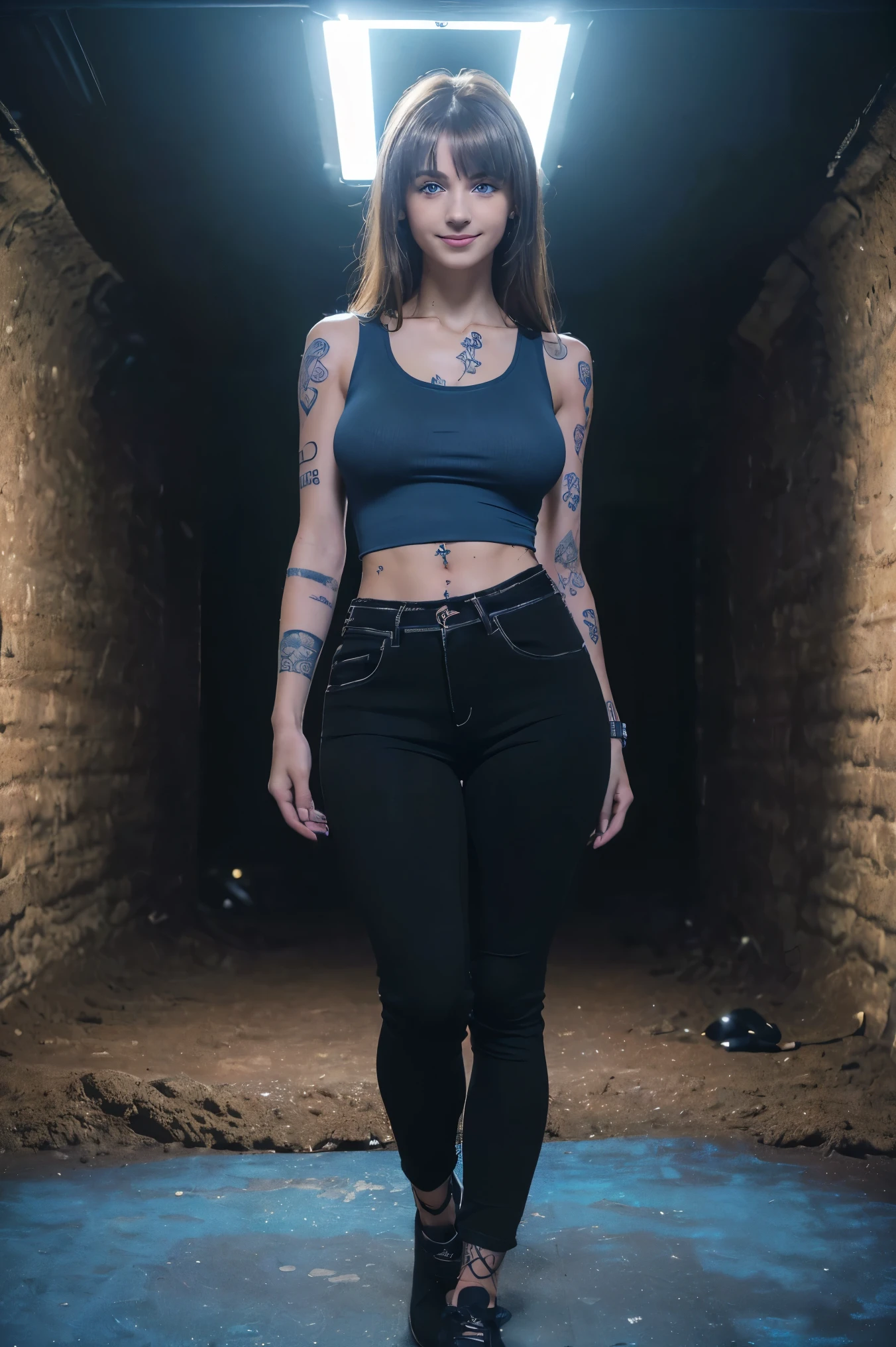 (best quality, masterpiece, ultra high resolution), (8k wallpaper, high-definition, HDR, RAW, Cinematic lighting), (hyperrealistic), (authenticity: 1.4), (full body shot), 1girl, ((18 year old girl)), ((Messy Brown hair)), ((Dyed bangs)), ((Highlighted ((Pretty French Girl)), ((Pretty face)), ((Tight clothes)), ((Blue Eyes)), ((Pale skin)), amazing slim body, thick legs, thick thighs, big ass, wide hips, flat tummy, ((perfect hands)), ((Standing)), ((Black tanktop)), ((Black trousers)), (((Esoteric Tatoo on arm))), ((view at viewer)), ((Subtle smile)), (((In the corner of an underground club))), artificial illumination, rave illumination, partyillumination, contrast