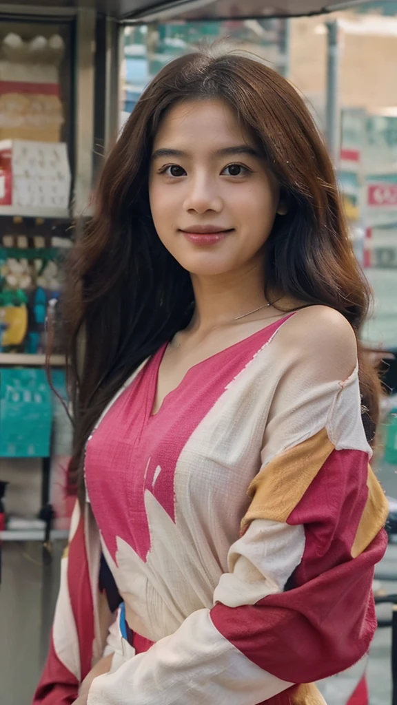 A captivating portrait of a Thai young woman, her long, wavy hair cascading over her shoulders, wearing a vibrant Olympics Paris 2024 outfit. She confidently poses with her hands playfully tucked behind her head, a hint of a smile playing on her lips. Her radiant skin contrasts beautifully with the bold colors of her attire and the muted pink background. The composition artfully celebrates natural hair and cultural diversity, exuding a carefree and self-assured aura, reminiscent of a cinematic masterpiece in portrait photography., cinematic, portrait photography, photo
