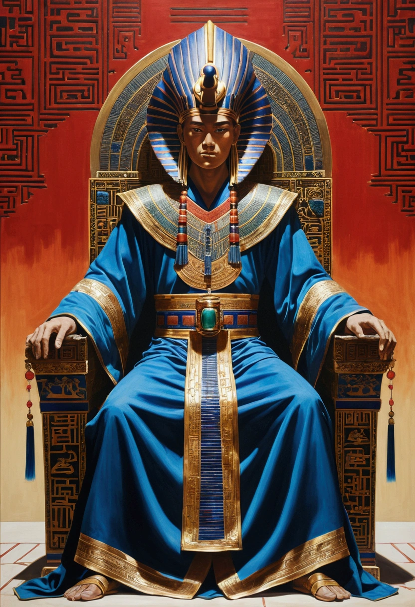 Chinese painting , yugi in egyptian robes , sitting on throne