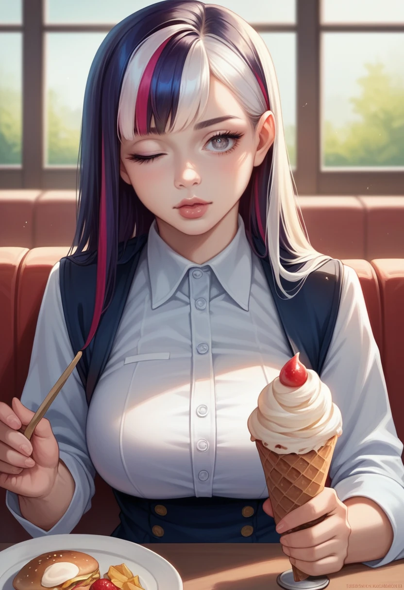 a beautiful young woman in a clean and crisp fast food uniform, beautiful detailed eyes, beautiful detailed lips, extremely detailed face, long eyelashes, friendly and courteous expression, making delicious soft serve ice cream, popular fast food restaurant, detailed texture of the ice cream, perfect uniform, high quality lighting, professional, studio lighting, text "NichPR" on icecream, streaked hair, streaked hair, streaked hair, raised eyebrows, one eye closed, photorealistic, 8k, best quality, masterpiece