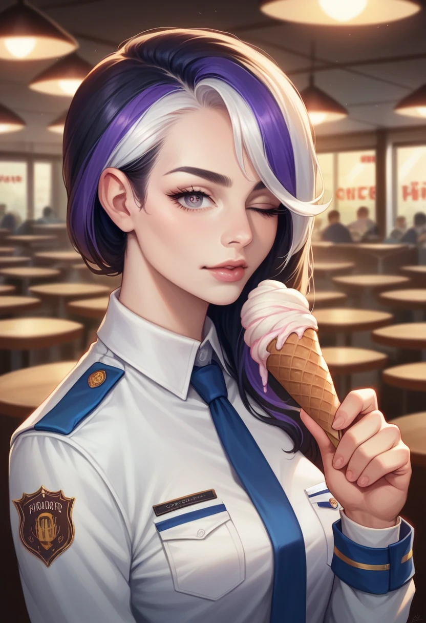 a beautiful young woman in a clean and crisp fast food uniform, beautiful detailed eyes, beautiful detailed lips, extremely detailed face, long eyelashes, friendly and courteous expression, making delicious soft serve ice cream, popular fast food restaurant, detailed texture of the ice cream, perfect uniform, high quality lighting, professional, studio lighting, text "NichPR" on icecream, streaked hair, streaked hair, streaked hair, raised eyebrows, one eye closed, photorealistic, 8k, best quality, masterpiece