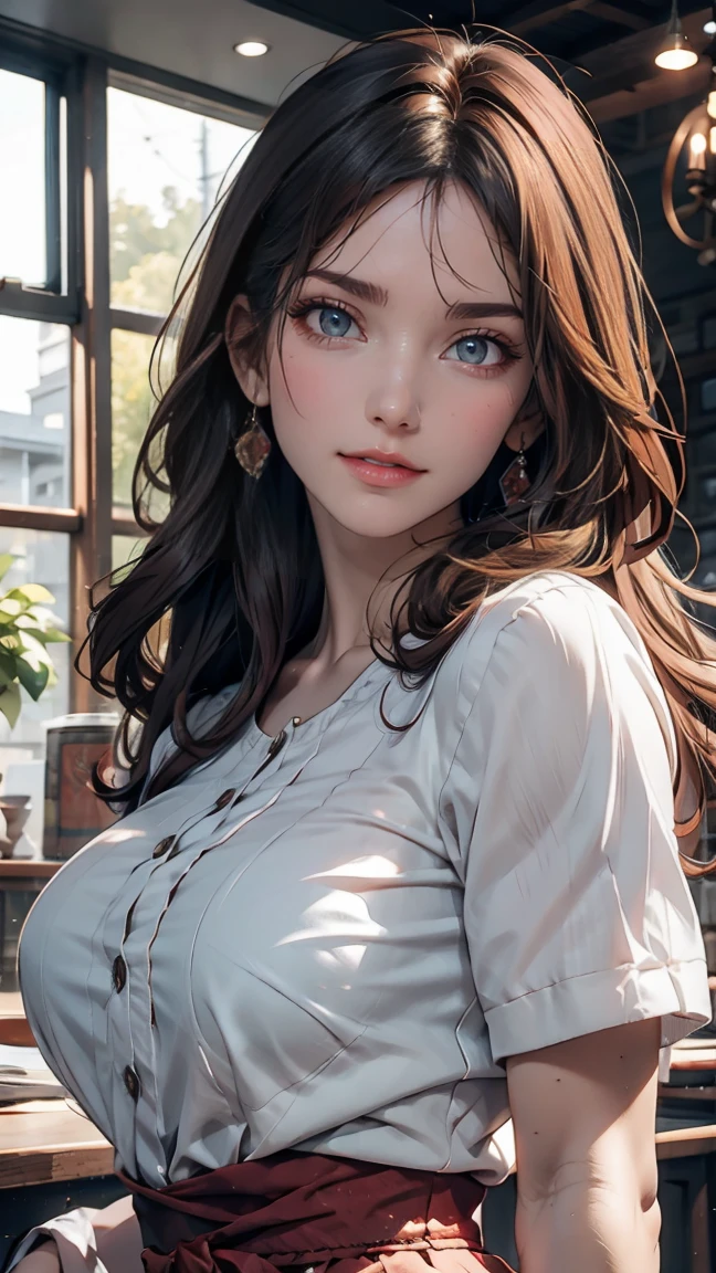 Highest quality, masterpiece, Black Hair, Red eyes, look up, Upper Body, cute, Frilled shirt, smile,Redhead、24-year-old female、Sexy proportions、Sexy breasts、Narrow waist、Long eyelashes