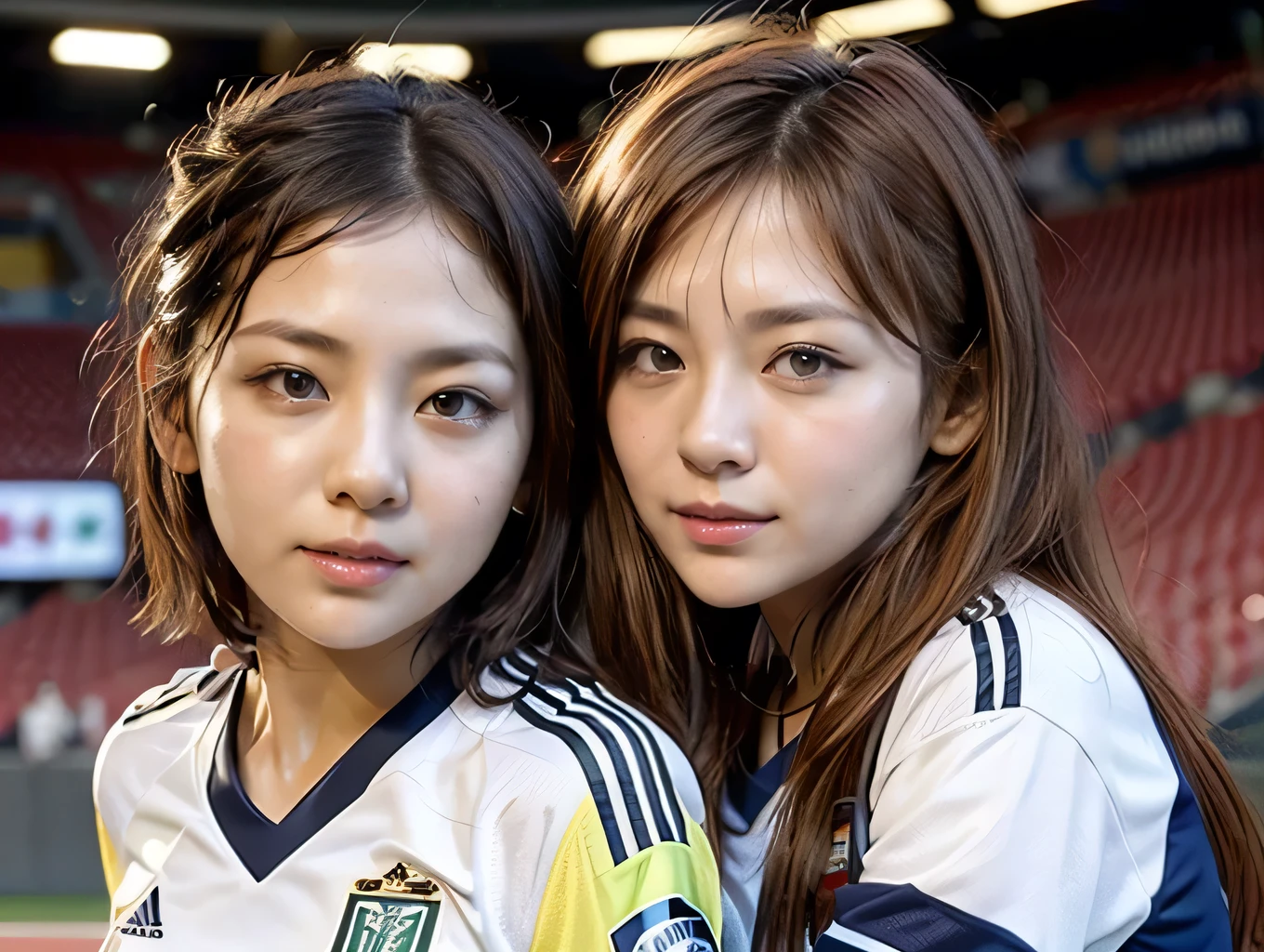 (((2 girls:1.5))、Two women standing close together in a stadium、Two Boyish Women、Football Supporters、17-year-old girls、Group photo of a group of soccer fans、Wearing a uniform)、(Realistic、Like a photograph、Live Action、8k, Realistic, RAW Photos, Best image quality: 1.4), Single-lens reflex camera、RAW Photos, Highest quality, Realistic, Highly detailed CG Unity 8k wallpaper, Written boundary depth, Cinematic Light, Lens flare, Ray Tracing, Realistic background、((The upper body is a soccer uniform:1.2、The lower half is a flared mini skirt:1.4)、Big Breasts)、((Silver Inner Color Hair:1.1))、Cute Japanese Gals、((whole body:1.5))、(short hair:1.2)、I like that style、stylish、Very detailed、Pay attention to the details、Perfect outfit、(White skin)、Beautiful feet:1.1、View from above、Accurate Arm、Super detailed face