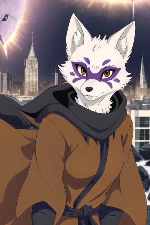 Alopex, arctic fox, furry character, purple marks face, tmnt, smile, orange eyes, girl1, solo, city, brown cloak, ninja outfit, black bandage, best quality, masterpiece,