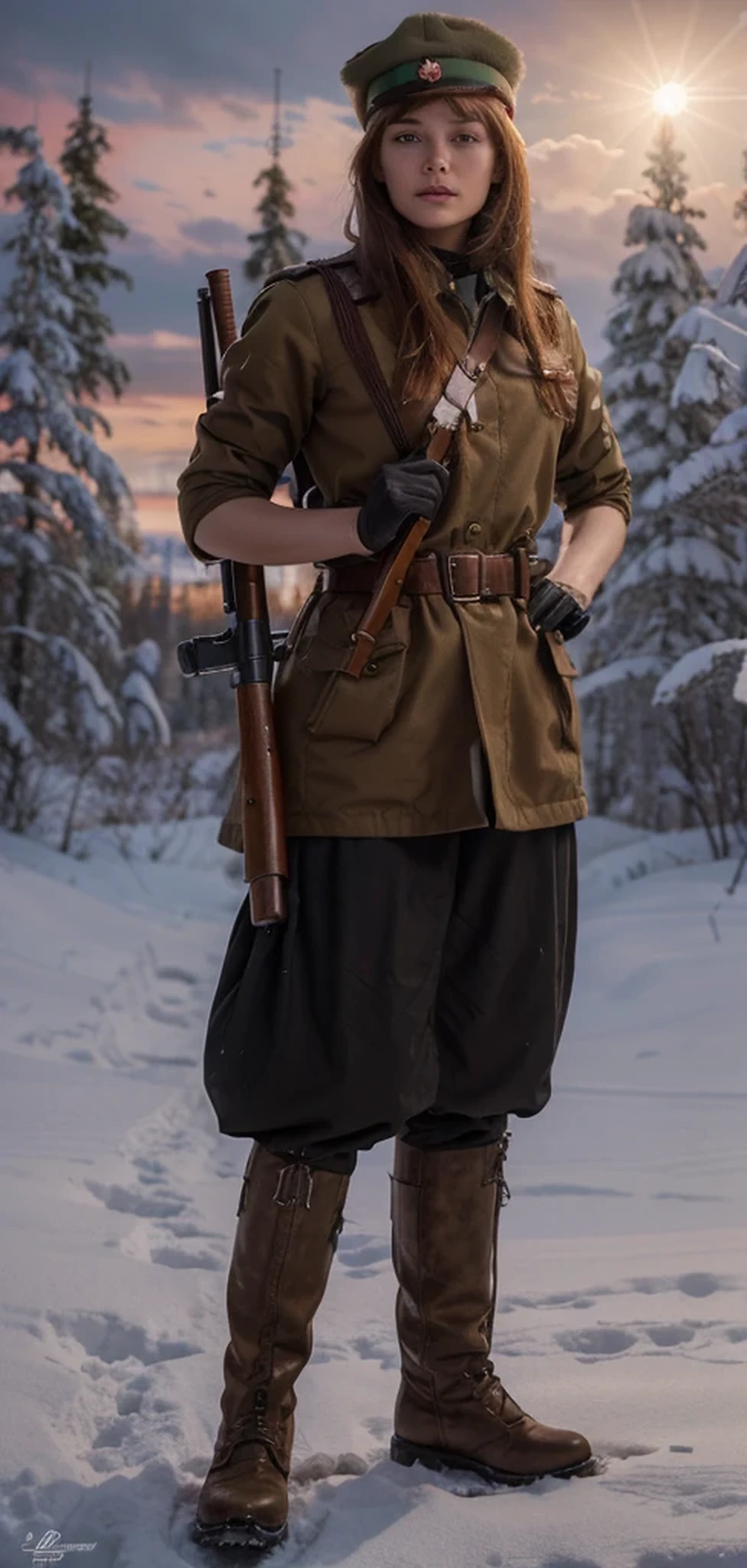 beautiful female Soviet soldier, the most beautiful Polish feminine face, reddish brown hair, Russian military hat, hands with gloves, brown Soviet style uniform with dark red details, carries a machine gun, belt with ammunition and transmitter, military boots, is in a Polish forest, snowy day, red sky, 4k, ultra image detailed, realistic, Highly detailed, perfect composition, splendid, Intricately detailed, incredibly detailed, Art photography 8K, hyper detailed, Masterpiece