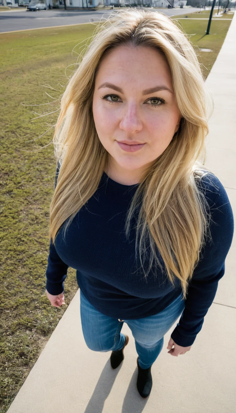 Two chubby woman, 40 years old white Caucasian woman walking outside, day time, Mississippi, Gulfport, cold winter day, long straight blonde messy hair, casually and daily dressed, big hips, thick thighs, casual winter clothed, natural big breasts, Full Body Shot, From Above View, High Angle View, selfie, serious, close up selfie point of view, acne face