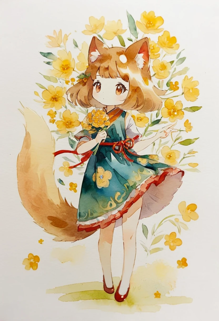 Watercolor elements, 1girl, kemono, furry, detailed body fur, animal face, animal hand, unfocused spread of gold flower, 