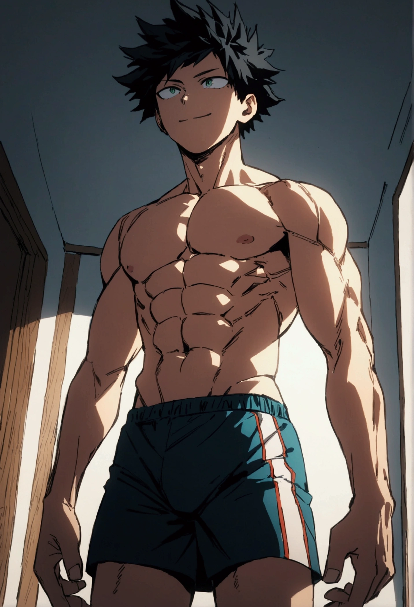 He is a 17 year old ager, He has slightly disheveled very black hair..., somewhat light green eyes, (front angle ) , (all body), smiling , muscular body , He is dressed in the anime shorts. "my hero academia", without the shirt, just with boxer shorts, (emphasis on the shorts), in a bedroom, 8k, high quality, masterpiece, , cinematic, vivid colors