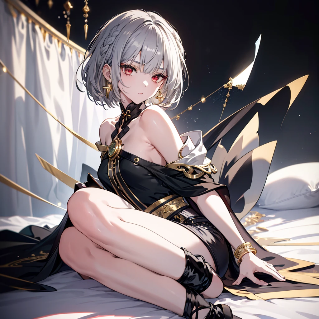 8k,High resolution RAW color art,Anime Art,Silver Marble Skin, (((Very detailed and cool))), Detailed skin, Bokeh、texture,(Exquisitely crafted, The finer details, Ultra-detailed art), (((1 girl))), Depth of written boundary, Silky Touch, Hyper Detail, (((Cool face))), eye shadow, Beautiful detailed red eyes, Beautiful lip detail, Highly detailed face, Delicate depiction of hair and eyes, Detailed Fashion, Golden Earrings,Full body depiction, Black half top、(((Shoulder Bare)))、Black shorts、Waist Cloak、black tights、Golden decoration, Light gray hair, Golden bracelet, Straight Hair、Short Hair、(((Hair)))、Simple Background、White Background、Black theme、snow、Side view、look down、cloth、Clear face、bed、fluffy、Leg spread