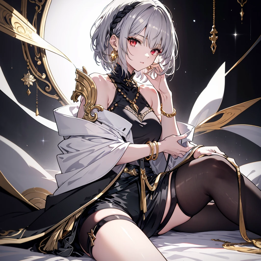 8k,High resolution RAW color art,Anime Art,Silver Marble Skin, (((Very detailed and cool))), Detailed skin, Bokeh、texture,(Exquisitely crafted, The finer details, Ultra-detailed art), (((1 girl))), Depth of written boundary, Silky Touch, Hyper Detail, (((Cool face))), eye shadow, Beautiful detailed red eyes, Beautiful lip detail, Highly detailed face, Delicate depiction of hair and eyes, Detailed Fashion, Golden Earrings,Full body depiction, Black half top、(((Shoulder Bare)))、Black shorts、Waist Cloak、black tights、Golden decoration, Light gray hair, Golden bracelet, Straight Hair、Short Hair、(((Hair)))、Simple Background、White Background、Black theme、snow、Side view、look down、cloth、Clear face、bed、fluffy、Leg spread