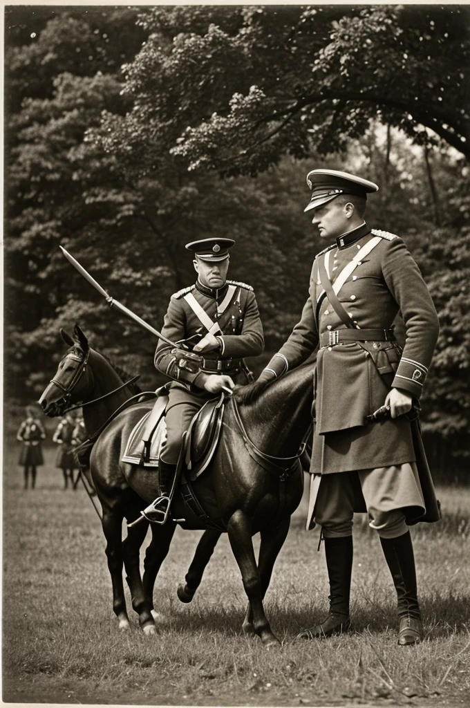 Antique black and white photograph of an open field battle. The soldiers wear Prussian uniform.