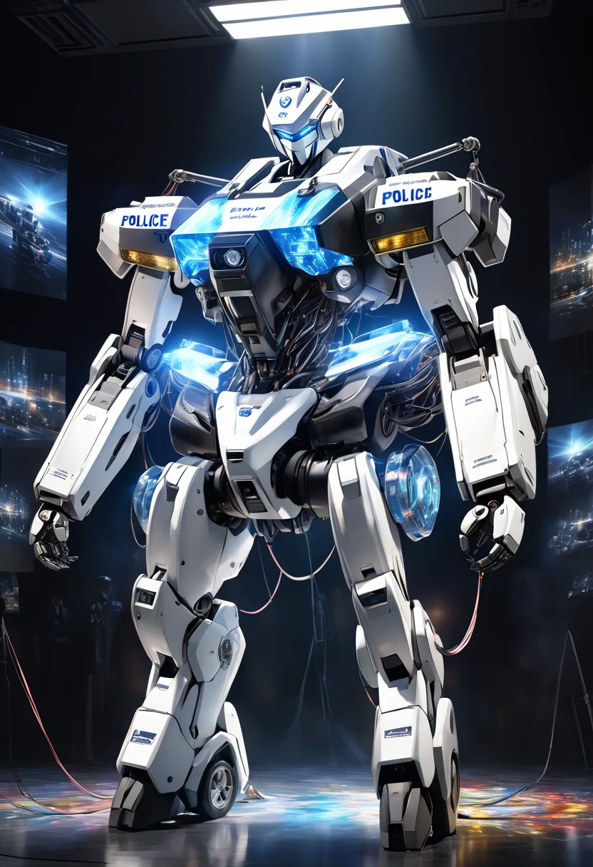 3dCG Concept art,Depicting a futuristic police-type humanoid robot,The robot is humanoid and has the same height as a human.The whole body is mechanical and it is like a mannequin that is an independent robot that cannot be operated by humans.The paint is mainly white with the police colors of the city police mixed in.A completely inorganic and emotionless machine.He can recreate optical camouflage on his body using holographic effects.The background shows police cars flashing numerous patrol lights at a crime scene at night,The robot is tethered to numerous cables and waits for the time to be deployed.The beautiful depiction and luster of the robot's entire body mechanism, the beauty and powerful effect of the holographic effect of the body,The sense of urgency and tension immediately after the incident, Super Realistic,Photo-like resolution,(High quality, high quality, 4k, 8k:1.2), ultra detail.Cinema lighting, dramatic lighting,Ultra-fine painting, physically based rendering, professional photography,holographic