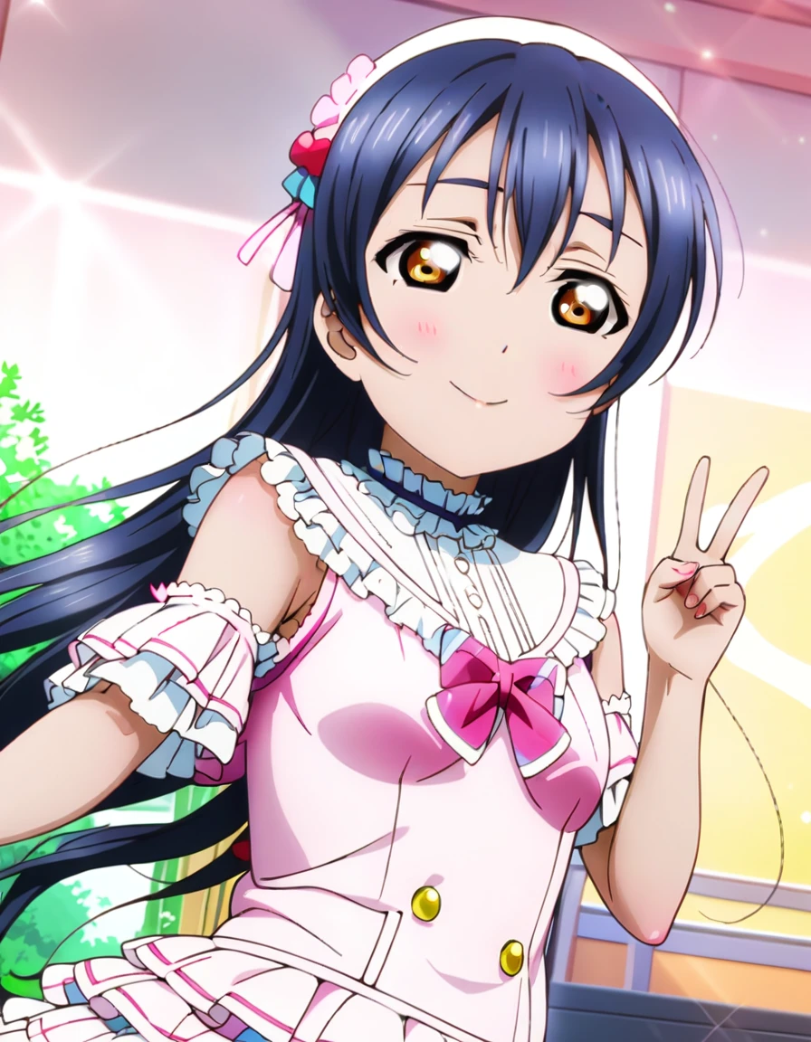 masterpiece, best quality, ultra detailed, highres, 4k, (ultra-detailed:1.4), (illustration:0.5), (ray tracing,:0.8), (anime colored:0.7), (ai-generated:0.5), (anime screencap:0.8),
1girl, solo,
sonoda umi, love live!
smile, one eye closed,
gyaruv,
v,