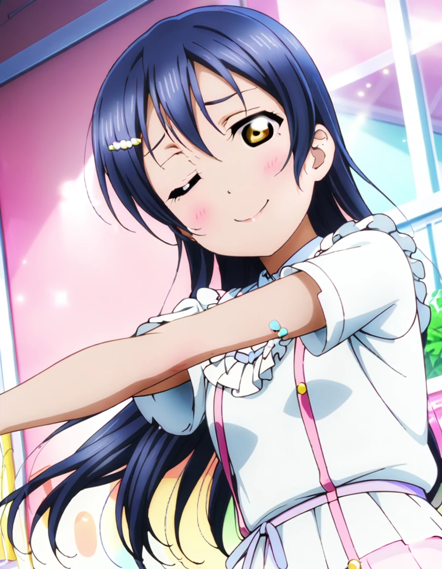 masterpiece, best quality, ultra detailed, highres, 4k, (ultra-detailed:1.4), (illustration:0.5), (ray tracing,:0.8), (anime colored:0.7), (ai-generated:0.5), (anime screencap:0.8),
1girl, solo,
sonoda umi, love live!
smile, one eye closed,
gyaruv,
v,