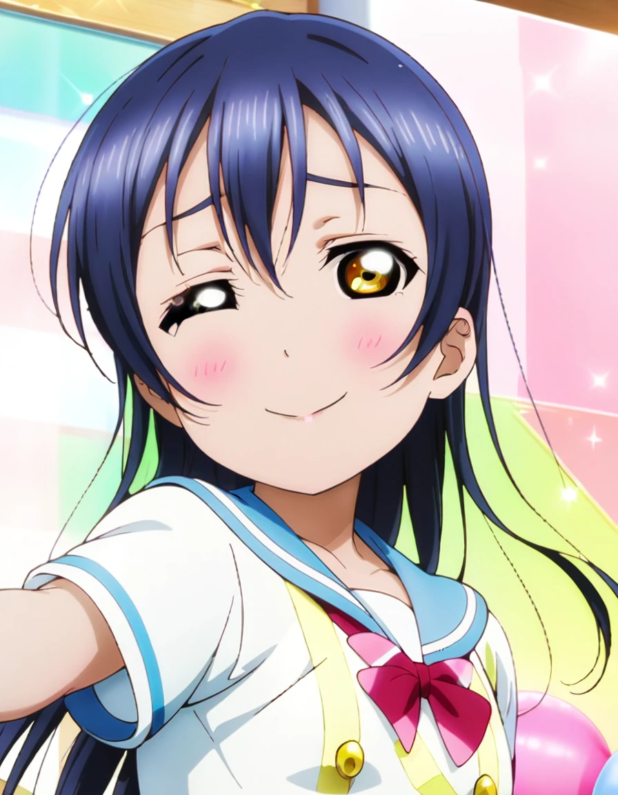 masterpiece, best quality, ultra detailed, highres, 4k, (ultra-detailed:1.4), (illustration:0.5), (ray tracing,:0.8), (anime colored:0.7), (ai-generated:0.5), (anime screencap:0.8),
1girl, solo,
sonoda umi, love live!
smile, one eye closed,
gyaruv,
v,