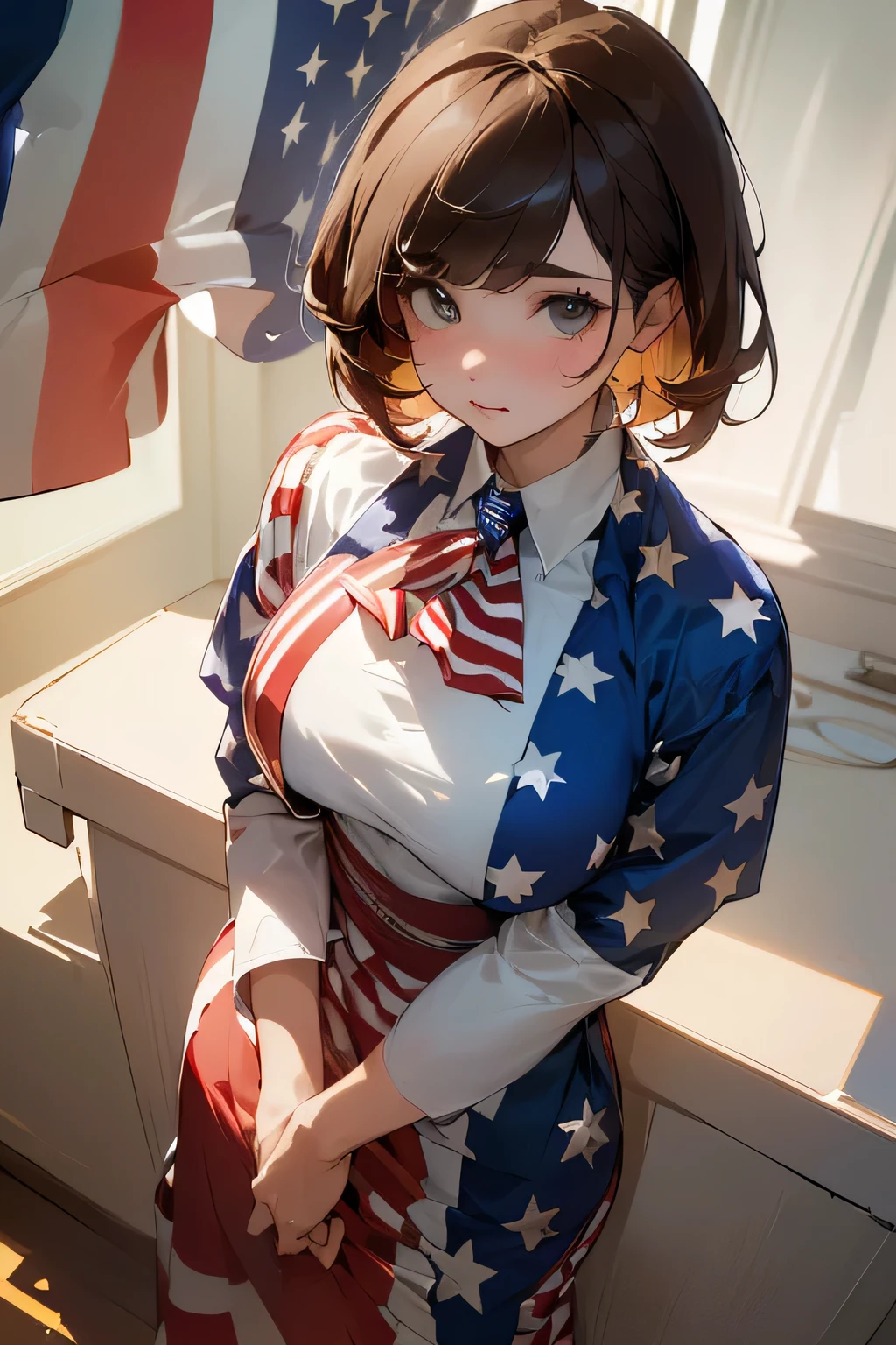 (((Costume inspired by the American flag:1.3))),(((Woman in men's clothing:1.3))),(Stars and Stripes),(masterpiece,Highest quality,Ultra-high resolution output images,Write boundary depth,Intricate details,Adding dimension to your subject with the contrast of light and shadow,Anatomically correct facial structure),(Picture Mode Ultra HD,)