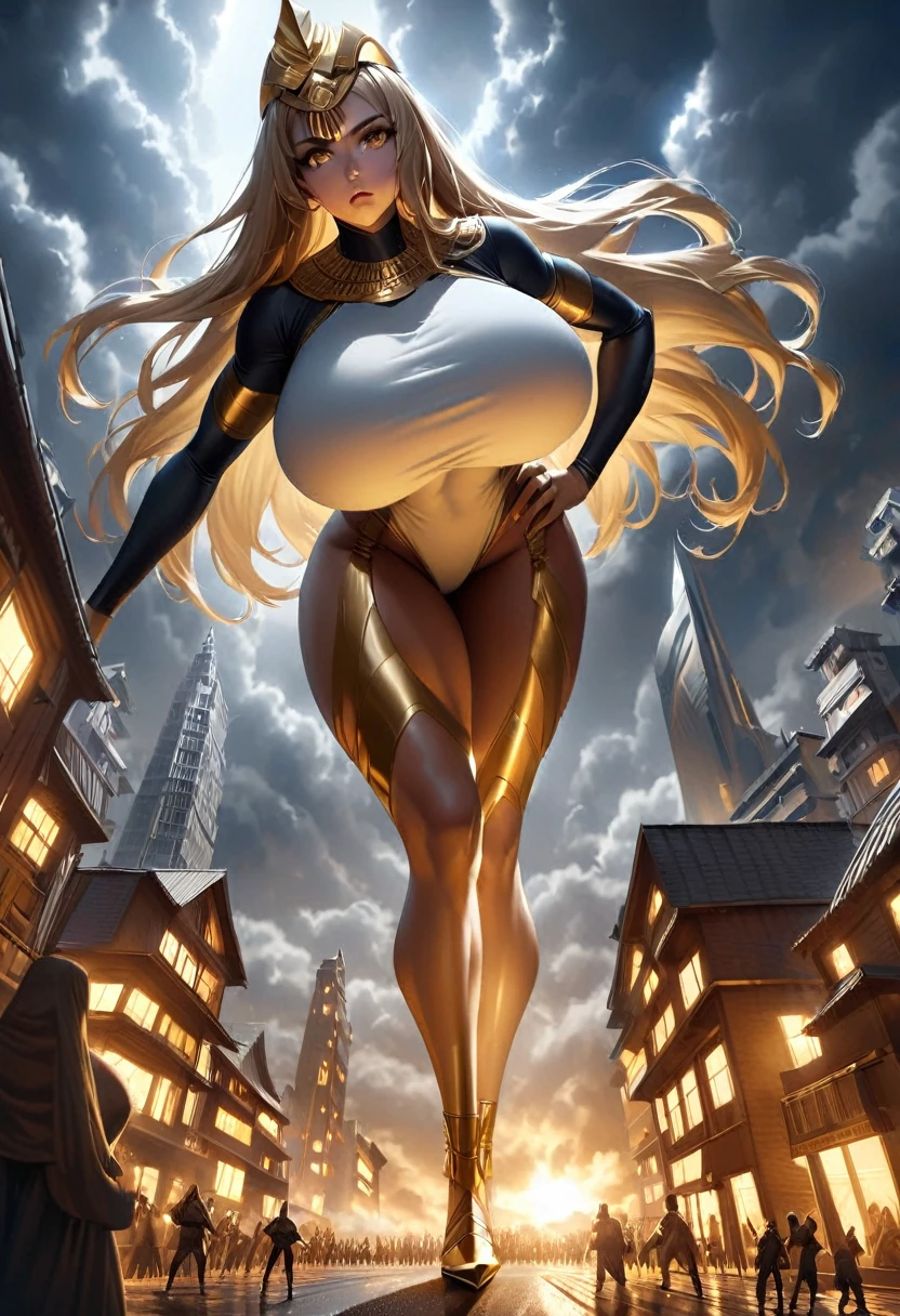 Giantess, White egyptian goddess clothing, gold high heels, toned and athletic body, massive strength, really big breasts, gold eyes, blonde long hair, gold jewellery, gold headpiece, superior expression, standing in the middle of town in a powerful stance, smoke and clouds roil around her, epic scale and drama, dark gloomy lighting, realistic, tense and ominous atmosphere, majestic, powerful, goddess, perspective from below, hand on hip, looking downwards at a s,all human man in work clothing, bending downards to look at POV. Fullbody. 