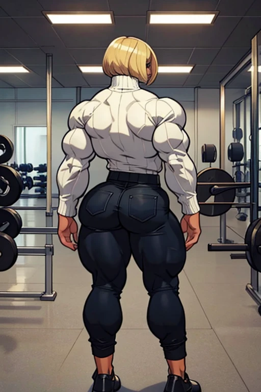 View from behind, beautiful woman, blonde bob haircut, turtleneck sweater, long baggy pants, strong well defined muscle, bulky powerful bodybuilder physique, massive muscular legs, perfect and flawless musculature, great muscle definition, perfect muscular body, massive muscular thighs, female muscle juggernaut