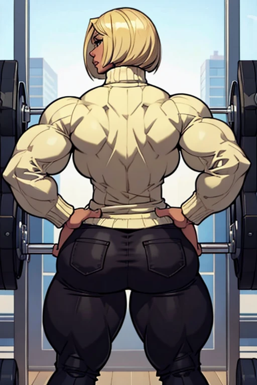 View from behind, beautiful woman, blonde bob haircut, turtleneck sweater, long baggy pants, strong well defined muscle, bulky powerful bodybuilder physique, massive muscular legs, perfect and flawless musculature, great muscle definition, perfect muscular body, massive muscular thighs, female muscle juggernaut