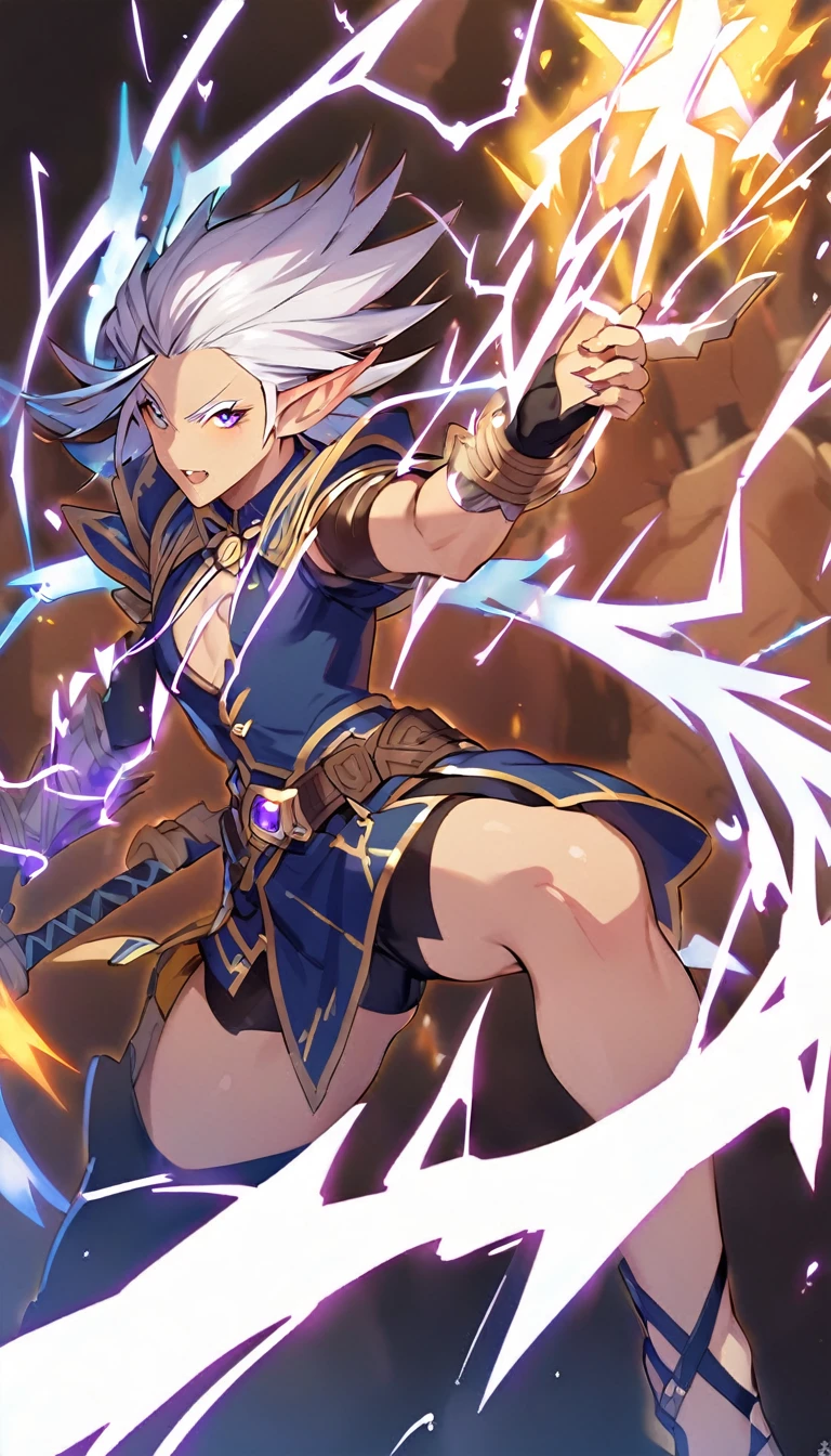 A high elf barbarian with lightning magic