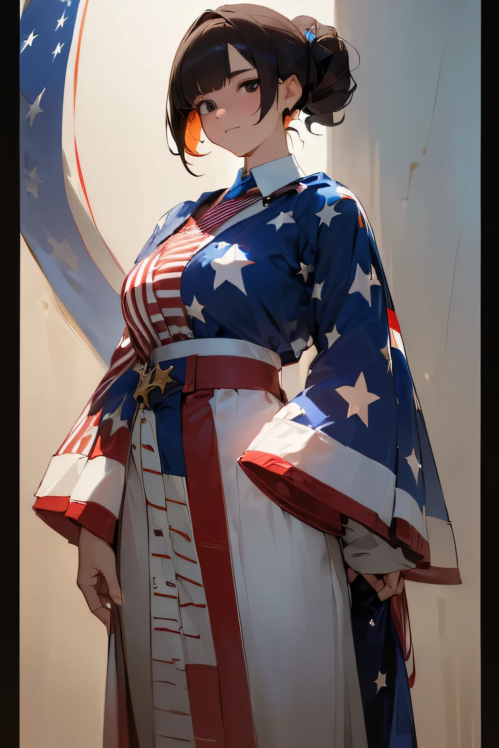 (((Costume inspired by the American flag:1.3))),(((Woman in men's clothing:1.3))),(Stars and Stripes),(masterpiece,Highest quality,Ultra-high resolution output images,Write boundary depth,Intricate details,Adding dimension to your subject with the contrast of light and shadow,Anatomically correct facial structure),(Picture Mode Ultra HD,)