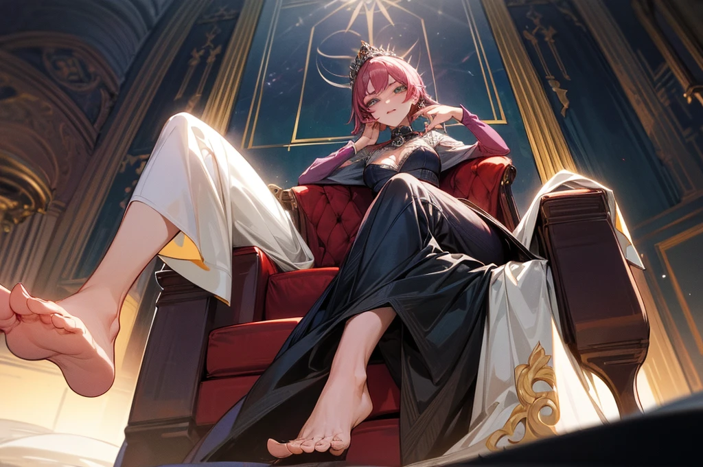 a haughty woman sits on an upholstered armchair, her posture exuding an air of unquestionable superiority. she stretches out one leg, leaving her bare foot for all to see. a look of contempt, like that of a disdainful queen with icy indifference. Her eyes convey a clear message: she reigns at the top of the social hierarchy and demands recognition of her greatness. In the low-angle foreground, the outstretched 5-toed foot is offered up for admiration, mingled with desire and devotion. Foot fetishism is the main idea. Her foot, presented as an object of supreme desire, becomes a symbol of power and domination. In this haughty posture, she embodies the very essence of power and domination, reigning as undisputed mistress over her realm of desires and fantasies, offering her foot as an object of veneration and submission. Thanks to the low-angle effect, the view of the haughty woman's feet further accentuates her imposing domination and disdainful attitude, intensifying the contrast between her perceived grandeur and those who gaze at her with respect and fascination.