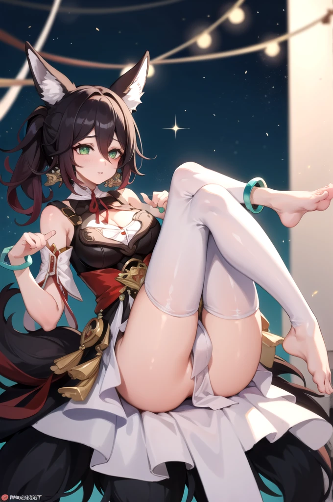 1girl, solo, (masterpiece, best quality:1.4), extremely detailed face, perfect lighting, tingyunhsr, green eyes, hair between eyes, ponytail, animal ears, fox tail, jewelry, dress, cleavage, bracelet, clothing cutout, cowboy shot,lift one's legs,toes,both feet,