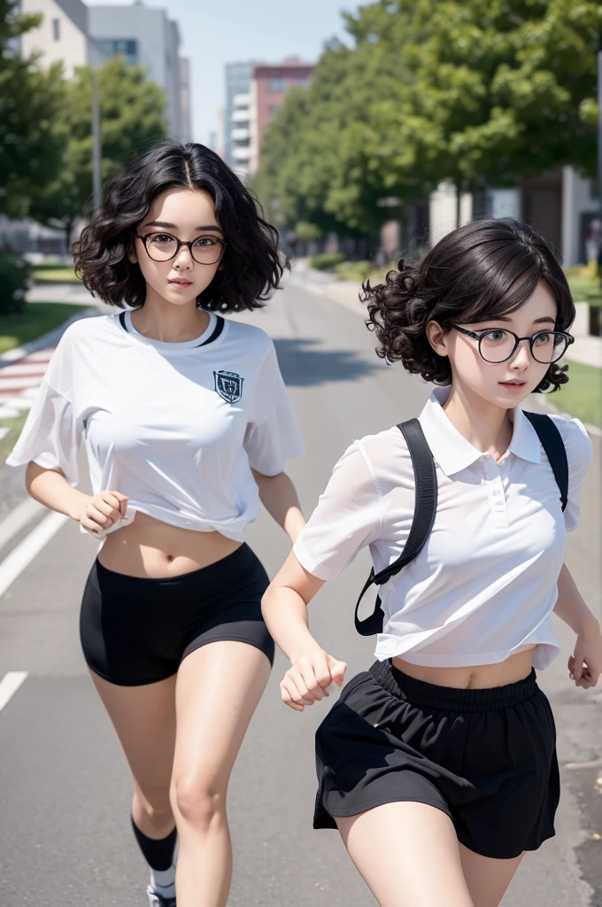 make a tarao man with voluminous and straight short hair parted on the side, running at school after a thin white girl in black clothes, round glasses, black and curly hair