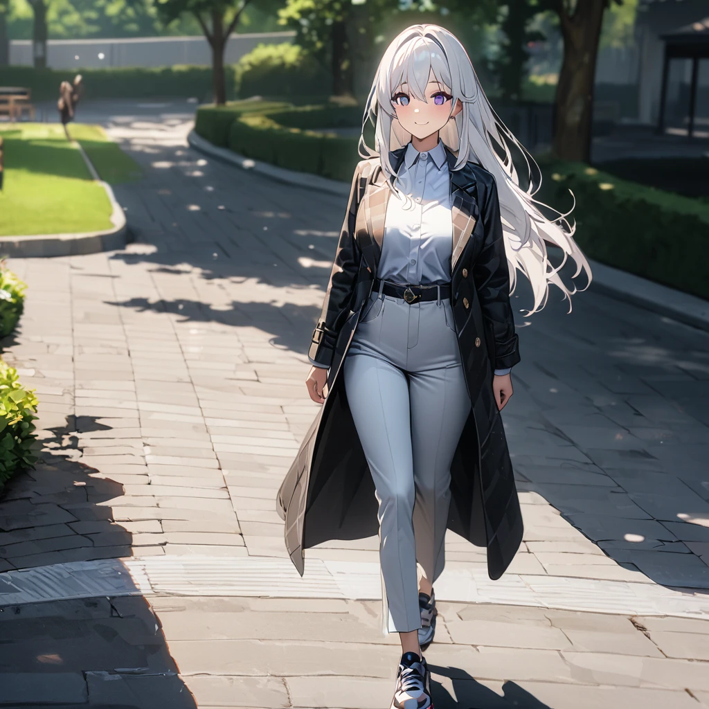 A woman wearing a blue and black checkered coat, long-sleeved jacket, wearing white pants, white sports shoes, white hair, long hair, purple eyes, smiling, big breasts, eagle hanging on her shoulder, walking on a sidewalk in a park , concrete sidewalk, with a wooden gazebo nearby, lawn on site, place during the day..(solo woman) ,UHD , prime work , accurate , anatomically correct , textured skin , super details , high quality , best quality, 8k, high resolution, bokeh effect, close view,
