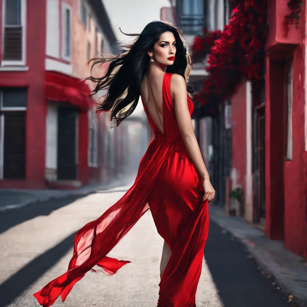 one pretty woman,Youngh,long black  hair,red flowing dress,walking on a road,Frontal image.hyper realist.red rose in hair,red lipgloss stick.