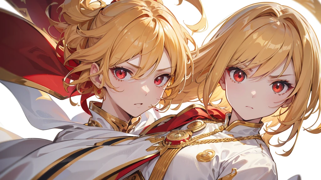 (Highest quality)　(4K)　(8k)　(High resolution)　(masterpiece:1.2)　(Super detailed)　One boy　short hair　emperor　Red eyes　Long sleeve　Golden decoration　Hair between the eyes　White Dress　Wavy golden hair　Upper Body　(White Background)　front　Face close-up　Get angry