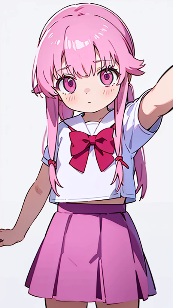 1girl,pink hair, pink eyes with love, detailed eyes, straight hair, straight bangs, shiny hair,
,red bowtie,purple skirt,purple shirt,pleated skirt,short sleeves,looking at viewer, high-definition,masterpiece,best quality, masterpiece, best quality, high resolution, aabeta, double, white simple background, standing, slim waist, cute, sailor uniform, super close up selfie, masterpiece