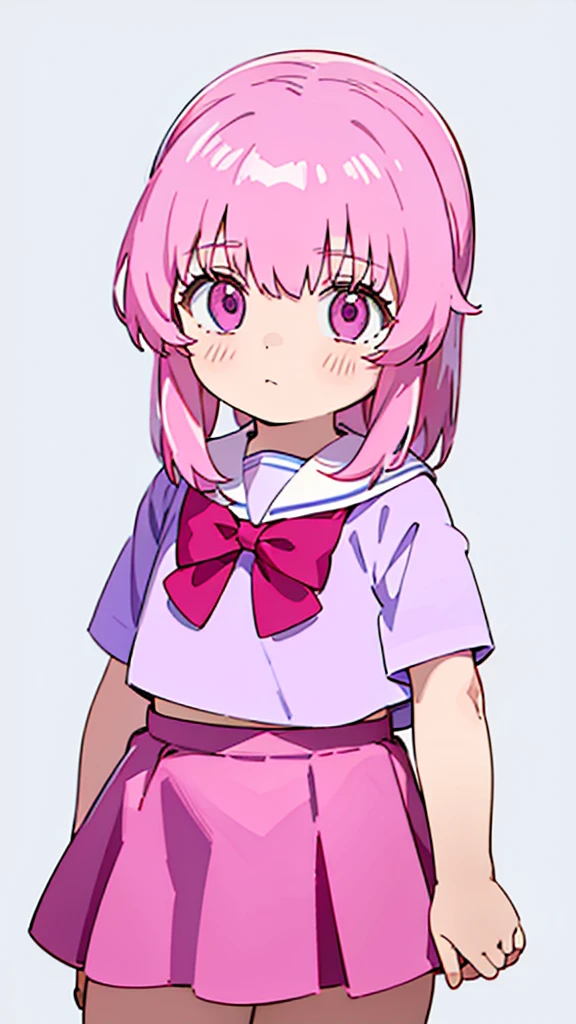 1girl,pink hair, pink eyes with love, detailed eyes, straight hair, straight bangs, shiny hair,
,red bowtie,purple skirt,purple shirt,pleated skirt,short sleeves,looking at viewer, high-definition,masterpiece,best quality, masterpiece, best quality, high resolution, aabeta, double, white simple background, standing, slim waist, cute, sailor uniform, super close up selfie, masterpiece