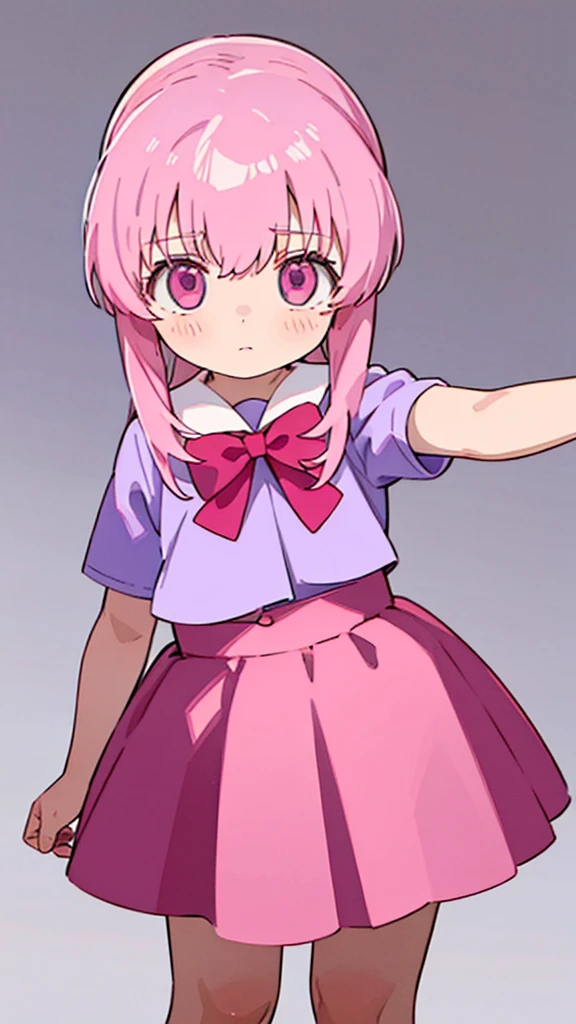 1girl,pink hair, pink eyes with love, detailed eyes, straight hair, straight bangs, shiny hair,
,red bowtie,purple skirt,purple shirt,pleated skirt,short sleeves,looking at viewer, high-definition,masterpiece,best quality, masterpiece, best quality, high resolution, aabeta, double, white simple background, standing, slim waist, cute, sailor uniform, super close up selfie, masterpiece