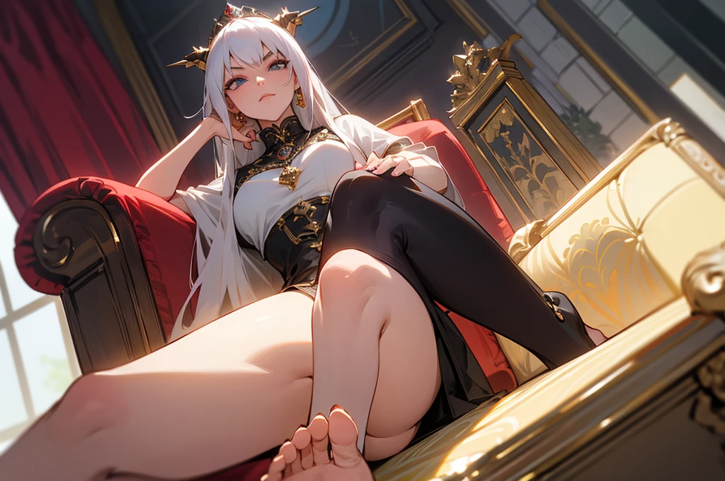 a haughty woman sits on an upholstered armchair, her posture exuding an air of unquestionable superiority. she stretches out one leg, leaving her bare foot for all to see. a look of contempt, like that of a disdainful queen with icy indifference. Her eyes convey a clear message: she reigns at the top of the social hierarchy and demands recognition of her greatness. In the low-angle foreground, the outstretched 5-toed foot is offered up for admiration, mingled with desire and devotion. Foot fetishism is the main idea. Her foot, presented as an object of supreme desire, becomes a symbol of power and domination. In this haughty posture, she embodies the very essence of power and domination, reigning as undisputed mistress over her realm of desires and fantasies, offering her foot as an object of veneration and submission. Thanks to the low-angle effect, the view of the haughty woman's feet further accentuates her imposing domination and disdainful attitude, intensifying the contrast between her perceived grandeur and those who gaze at her with respect and fascination.