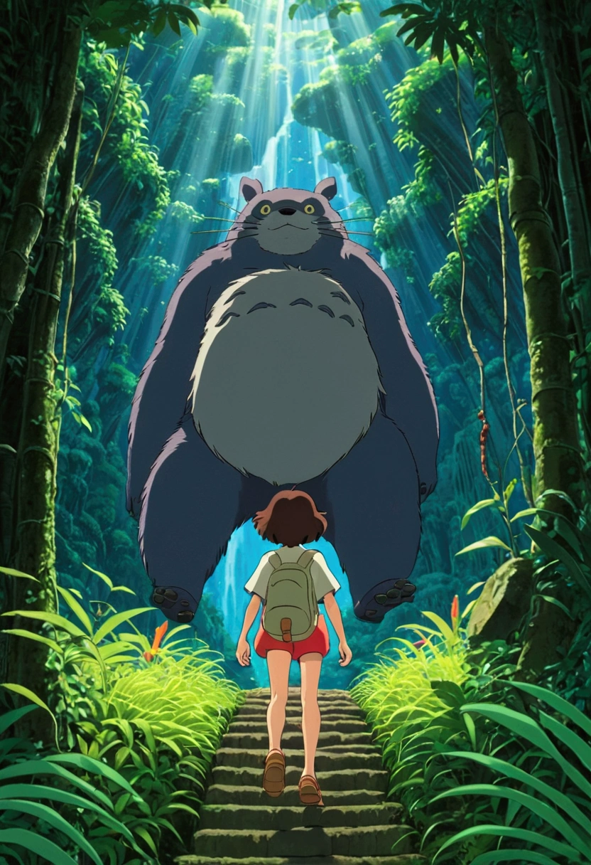 Jungle Adventure, full body, Studio Ghibli Style, cinematic still, (best quality, masterpiece), very aesthetic, perfect composition, intricate details, ultra-detailed, vivid colors