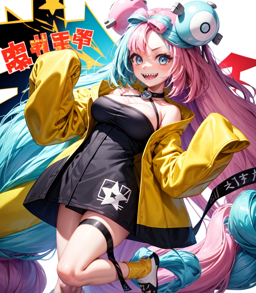 Highest quality、masterpiece、Big Breasts,Pink hair and blue eyes、Yellow Jacket、Please raise your right hand、Lower your left hand、Stand only on your right foot、Raise your left leg。Sharp teeth、smile、White Background,Nanjamo,No text