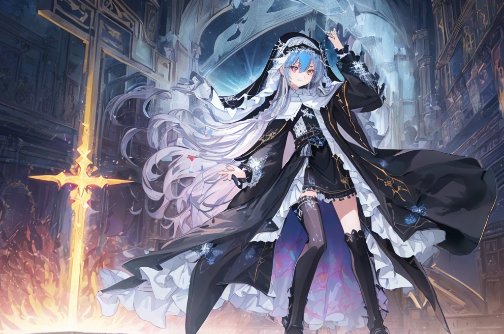 [(cathedral background:1.4)::5],Original,(Illustration:1.1),(Best Quality),(masutepiece:1.1),(the Extremely Detailed CG Unity 8K Wallpapers:1.1), (Colorful:0.9),(mid-shot:0.95),(Full body:1.5),Dynamic Angle,(Solo:1.2), (girl),(((Adult))), (Detailed beautiful eyes:1.15), (Beautiful face:1.15), (Glowing black eyes:1.25////),(Blue Long Hair),(nun headdress),(+perfect hand+:1.21),(Draw an illustration of a Holy Knight Wizard),(Religious),(slender),(she has boots on her feet),((I'm wearing black knee-high socks)),Smile,(Ruffled miniskirt with metal embellishments),beautiful slender adult,((theater background)),dynamic pose,dynamic angle,